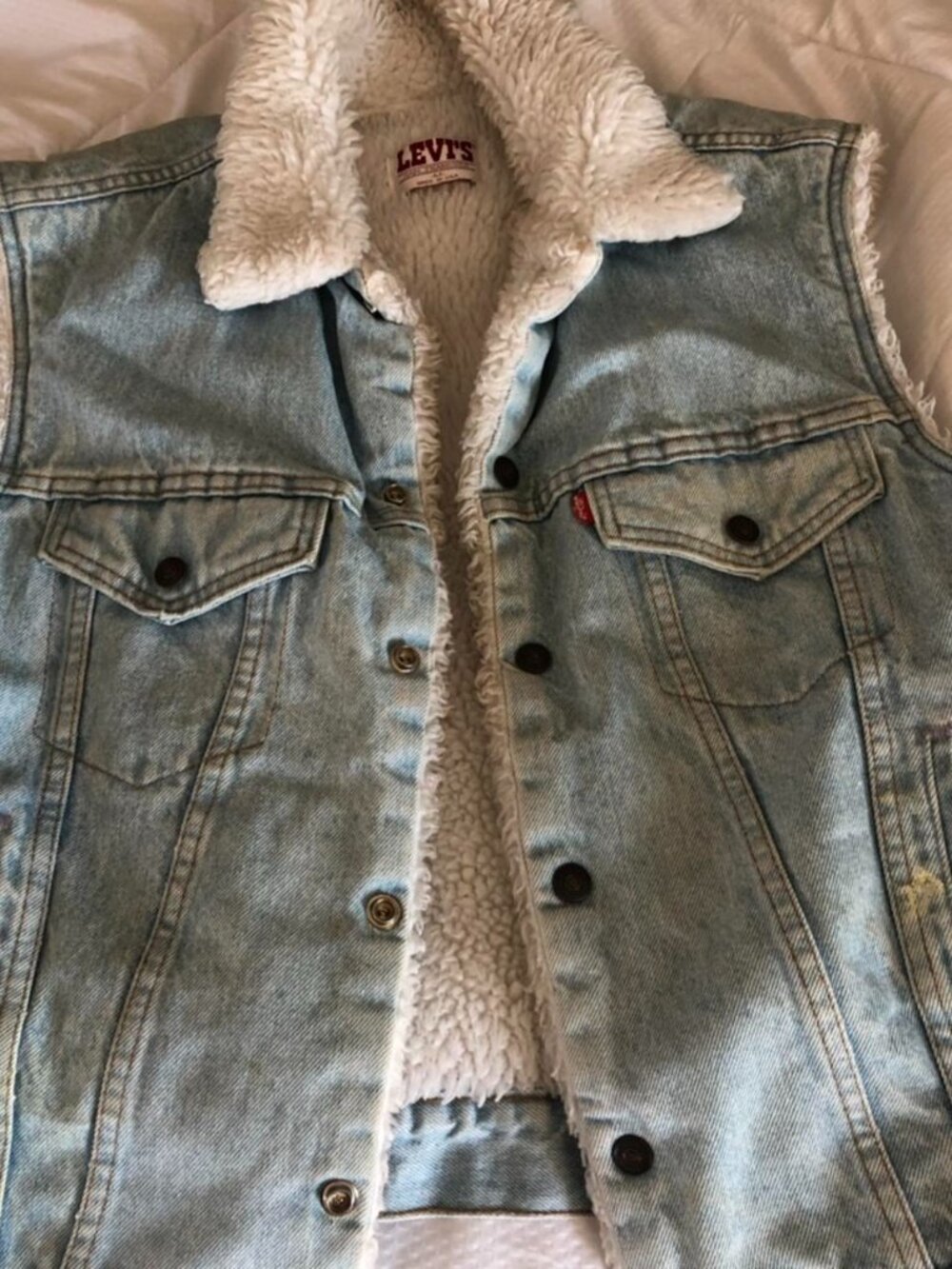 Vintage Levi's Denim Sherpa Workwear Chore Coat Vest light wash